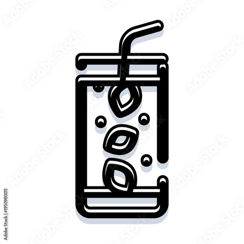 Tall glass with bent straw and stylized ice cubes, minimalist black and white line icon conveying cold iced drink, refreshment, hydration, summer beverage concept