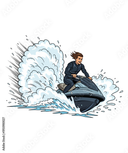 Energetic male driver skillfully rides a personal watercraft creating a massive ocean spray