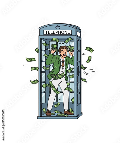 Shocked businessman inside a vintage telephone booth experiencing an unexpected cascade of money, symbolizing sudden wealth.