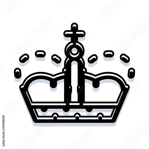 Royal crown with stylized cross atop, minimalist gold silhouette symbolizing monarchy, authority, leadership, victory and luxurious status for awards, achievement and prestige