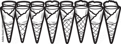 A line of empty, cracked, and crumbling waffle cones in black and white Vector