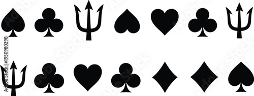 Playing card suit symbols and trident icons set featuring spades, hearts, clubs, diamonds and devil pitchfork shapes isolated on white background