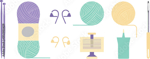 Knitting and Crochet Tools Collection Featuring Yarn Balls, Knitting Needles, Crochet Hook, Stitch Markers, and Accessories for Craft, DIY, and Handmade Design Projects.