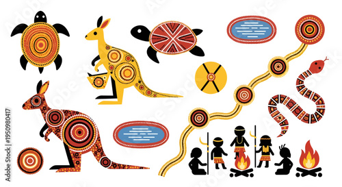 aboriginal art illustration, vector style graphic, australian indigenous design, cultural heritage