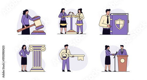 Six illustrations depicting legal and business concepts with figures and symbols