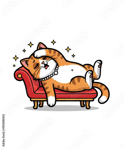 Cartoon orange and white tabby cat wearing a pearl necklace relaxes dramatically on a small chaise lounge.