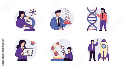 Six illustrations depicting scientists and engineers engaged in various technical and scientific tasks
