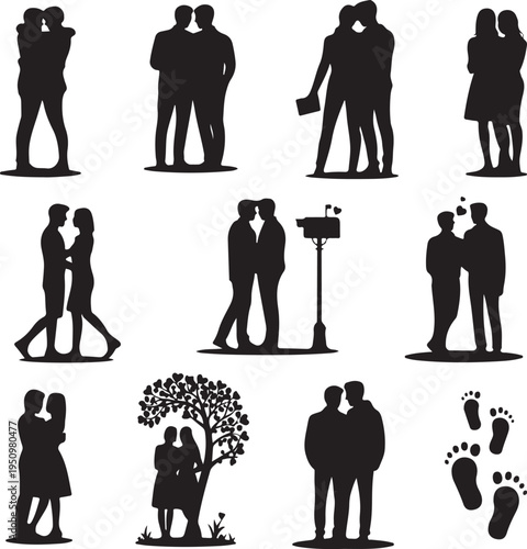 black silhouettes of couples in various romantic poses on white background