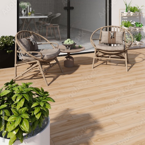 Konstfotografi A wooden patio featuring several chairs surrounded by various potted plants