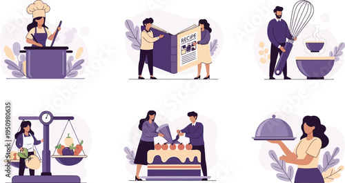 Six illustrations depicting various cooking and food preparation activities