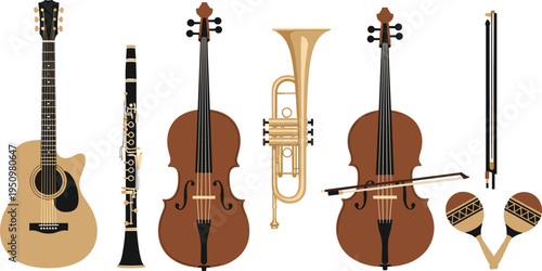 Classical Musical Instrument Collection Featuring Guitar, Clarinet, Violin, Cello, Trumpet, Maracas, and Bow for Orchestra, Music Education, and Concert Design Projects.