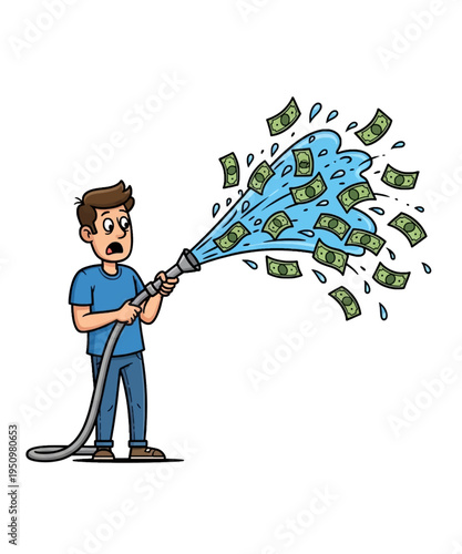 Surprised cartoon man sprays a stream of water and money bills from a garden hose, illustrating financial outflow.