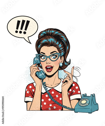 This dynamic pop art image features a fashionable woman, wearing elegant cat-eye glasses and a red polka-dot dress, engaged in an urgent conversation on a retro telephone.