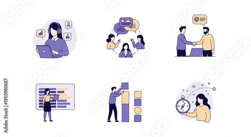 Six minimalist flatstyle icons depicting business and work scenarios