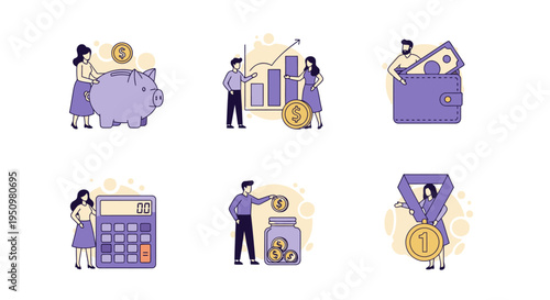 Six minimalist icons depicting finance savings investment calculation and achievement