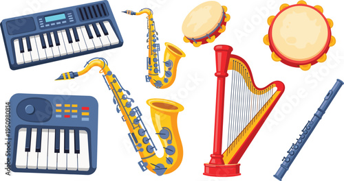 Musical Instrument Collection Featuring Keyboard, Saxophone, Harp, Tambourine, Flute, and Electronic Piano for Music Education, Orchestra, and Concert Design Projects.