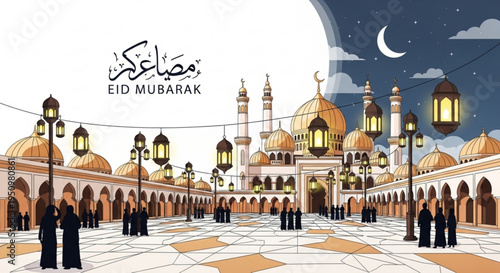 Eid mubarak celebration at a mosque courtyard with golden domes and lanterns at night