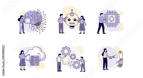 Six vignettes illustrating technology concepts AI brain robotics chip cloud storage gears and prosthetic handshake