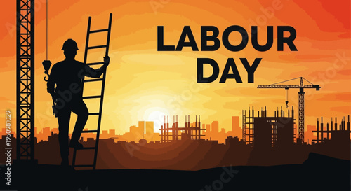 Labour day celebration with construction worker silhouette at sunset