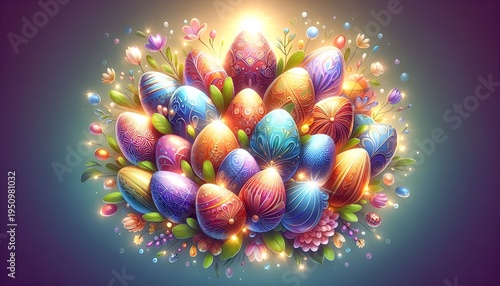 Vibrant decorative Easter eggs surrounded by flowers and confetti for festive holiday celebration background design.