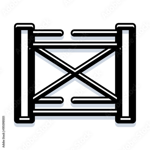 Wooden fence gate section with horizontal rails and diagonal cross bracing in minimalist black and white outline, symbolizing a rustic boundary, entrance, or rural enclosure