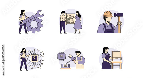 Six vignettes of people working in engineering construction tech and crafts