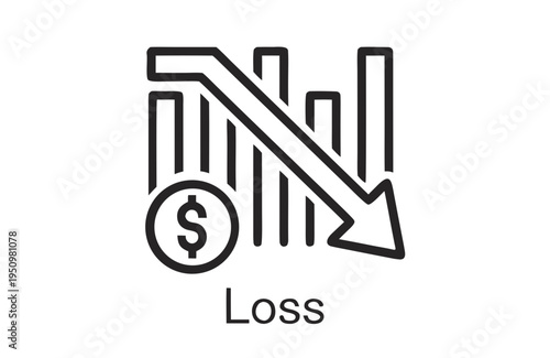 Financial Loss Icon with Downward Arrow and Bar Chart – Business Decline Concept