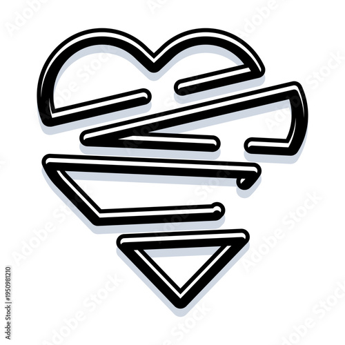 Abstract heart graphic forming from disconnected black outline segments with a white fill and subtle shadow, representing health issues, heart disease, or cardiology