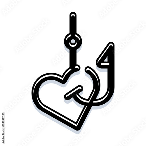 Heart shape acting as bait on a fishing hook, illustrating concepts of love, desire, addiction, and falling into a trap of romance, attracting emotional attachment