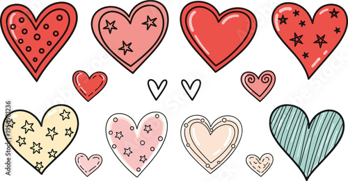 Cute Hand Drawn Heart Collection with Colorful Love Shapes and Decorative Patterns for Valentine Designs, Romantic Cards, Stickers, and Wedding Graphics.