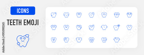  Teeth Emoji icon. Smile, Laugh, Superstar, Worried, Sad, Wow, Cool, Dead, Suspicious, In Love, Nervous, Confuse, Tongue Out, Question, Toxic, Kid vector.