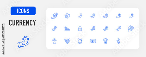 Currency icon. Investment, Shield, Dollar, Bitcoin, Yen, Indian Rupee, Canadian Dollar, Pound, Gold Bricks, Unblock, Ruble, Euro, Grow, Exchange, Location, Alert,  Business, Future, Save vector.