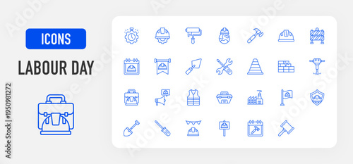 Labour Day icon. Time Mangement, Engineer, Paint Ruller, Work, Hammer, Helmet, Barrier, Trowel, Wrench, Cone, Brick Wall, Jackhammer, Briefcase, Magaphone, Vest, Tool Box, Factory, Flag vector. 