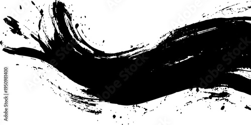 Abstract a dynamic brushstroke of black ink, expertly applied in a flowing motion, creating a striking visual impression with its bold lines and textures. 