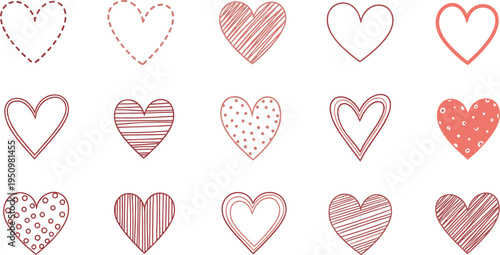 Hand Drawn Heart Doodle Collection with Different Love Shapes and Patterns for Valentine Designs, Romantic Cards, Wedding Decor, and Cute Illustrations.