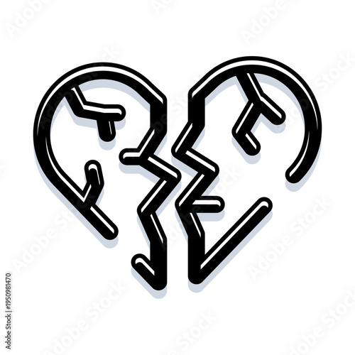 Broken heart icon on white background symbolizing heartbreak, separation, divorce and emotional pain minimalist black outline conveying grief, loss, sorrow and relationship breakup distress