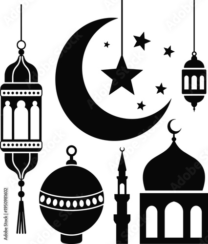 Black Islamic symbols including crescent moon with stars, mosque dome and minaret, and ornate lanterns