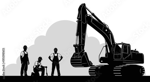 Construction site silhouette with excavator and workers