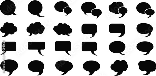 Speech bubble silhouettes collection featuring chat icons, dialogue boxes and communication symbols for messaging, social media, comments and conversation design isolated on white background