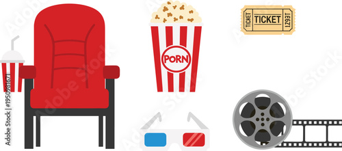 Cinema and Movie Theater Illustration Collection Featuring Popcorn Machine, Film Reel Screen, Tickets, Soda Drinks, and Comfortable Theater Seats for Entertainment Designs.