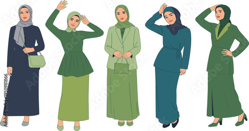 Five women wearing hijabs and modest fashion outfits in various poses and colors