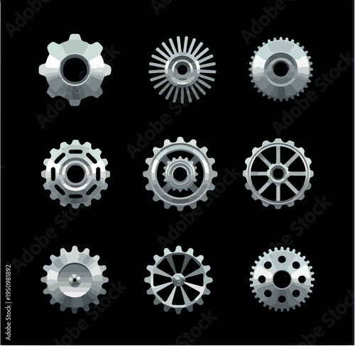 Print Metallic Gear Icons Set – Industrial Cogwheel Collection on Black Background