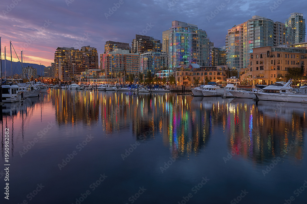 Fototapeta premium Luxury city skyline marina with modern buildings and boats reflecting colorful lights on calm water at sunset, creating peaceful and vibrant urban atmosphere