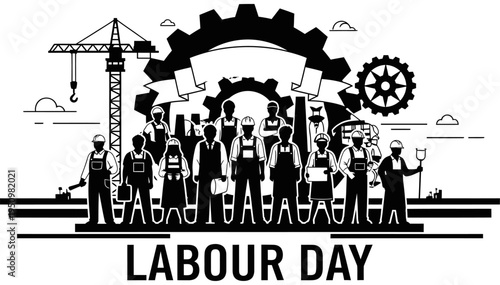 Labour day celebration with workers and industrial symbols
