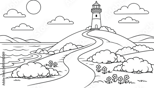Black and white of lighthouse on hill by sea road clouds