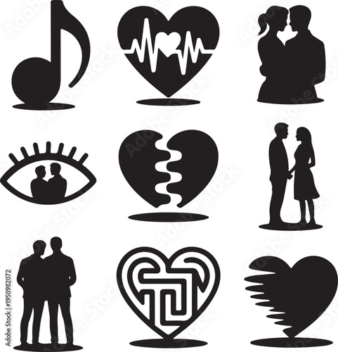 Black silhouettes of love relationships and hearts icons