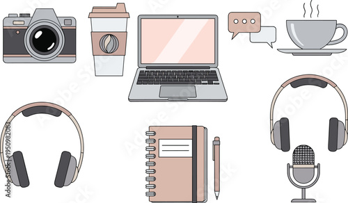 Modern Work and Content Creator Icon Collection Featuring Laptop, Camera, Headphones, Microphone, Coffee Cup, Notebook, and Chat Symbols for Digital Workspace Designs.