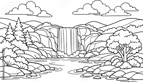 Black and white of waterfall in forest with river and mountains