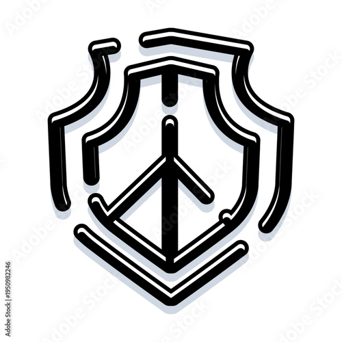 Black outline rendering a shield protecting a peace symbol, creating a modern graphic design representing security, defense, and global harmony on a white background