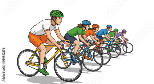 A group of cyclists riding in a line on bicycles